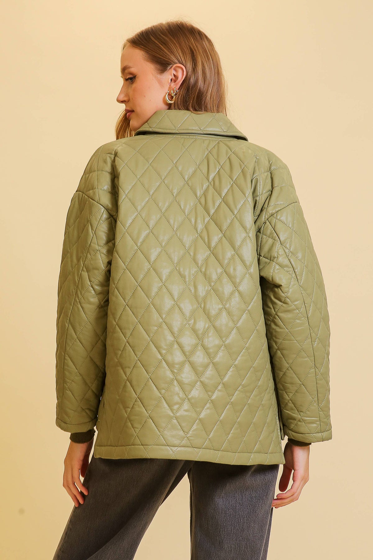 Faux Leather Quilted Jacket- Green