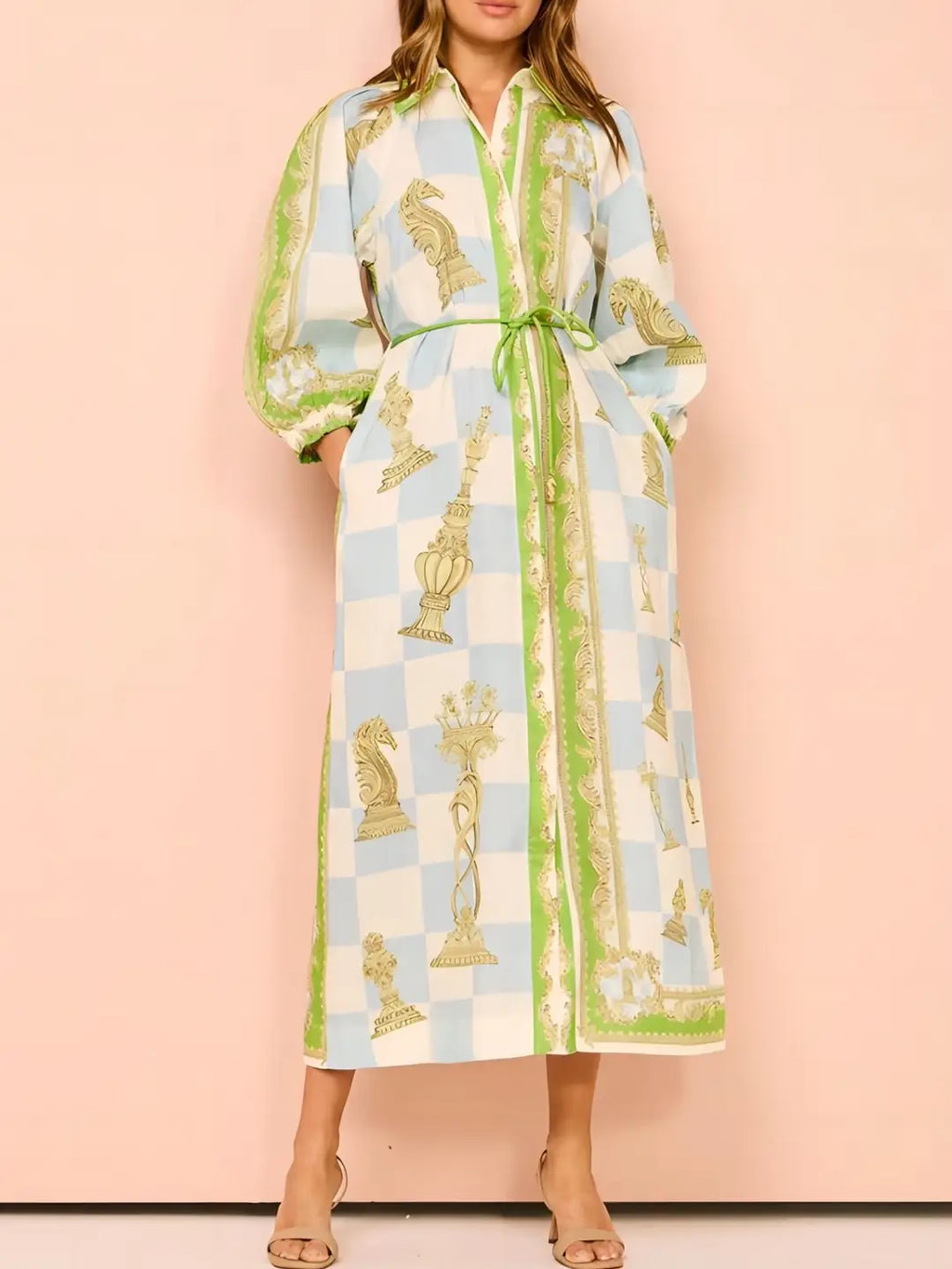 Resort Checkmate Print Belted Shirt Dress