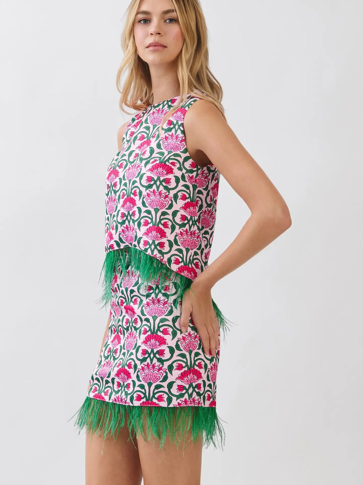 Floral Print Feather Trim Mini Skirt- Pink