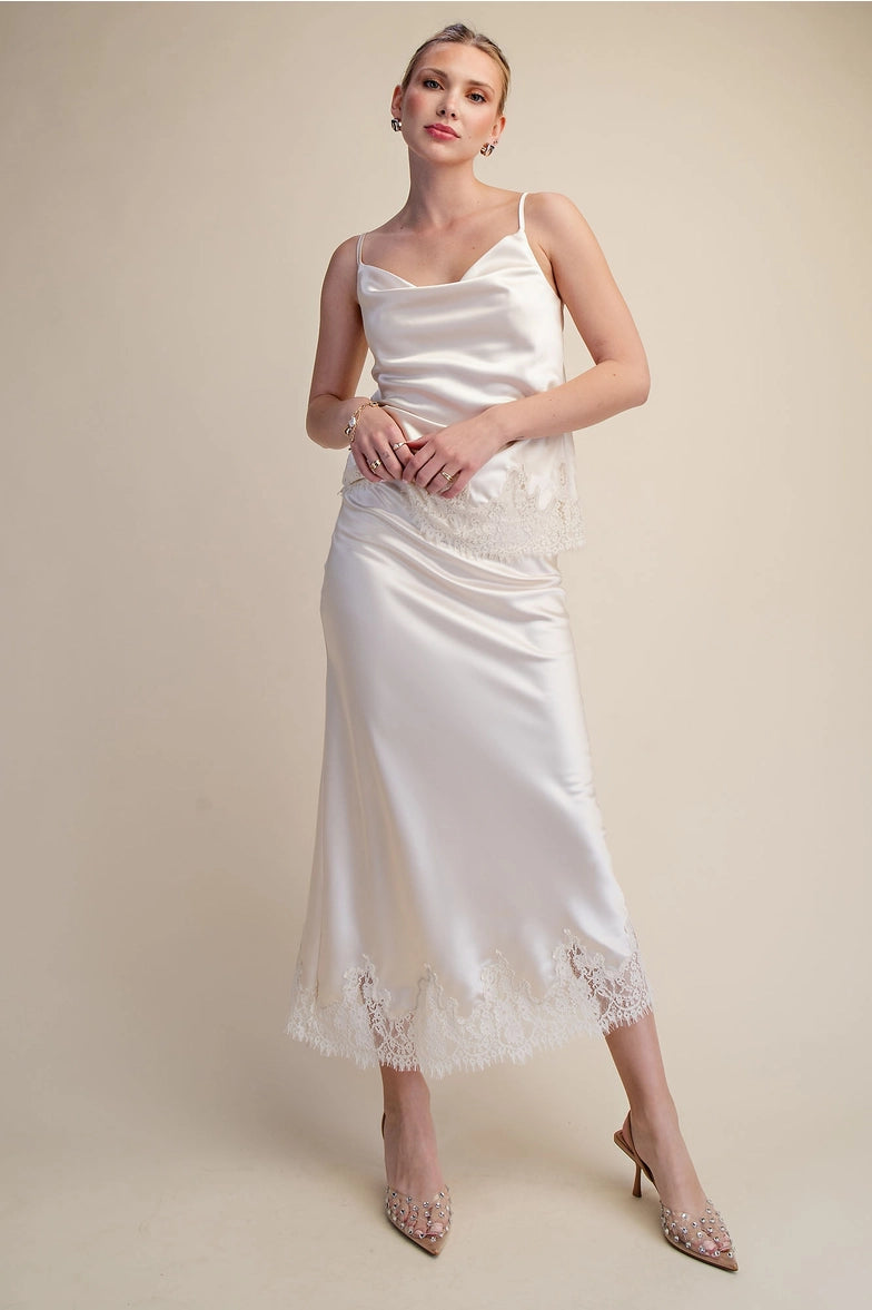 High Waist Midi Lace Satin Skirt