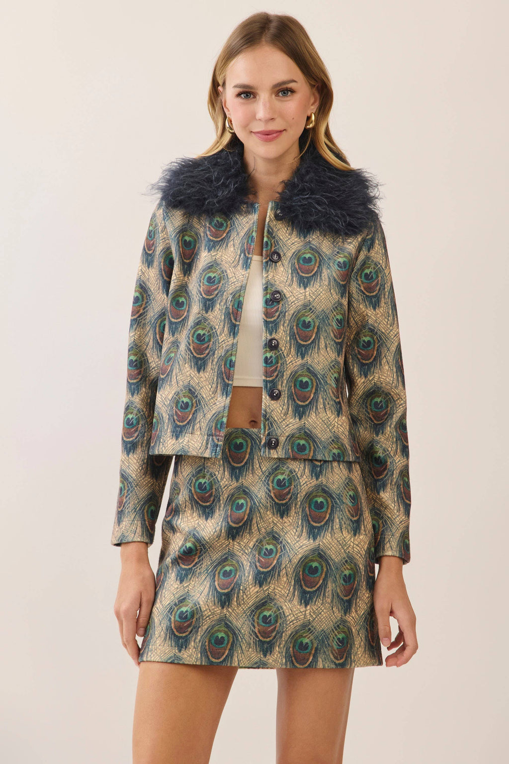 Peacock Print Faux Fur Collar Jacket- Navy