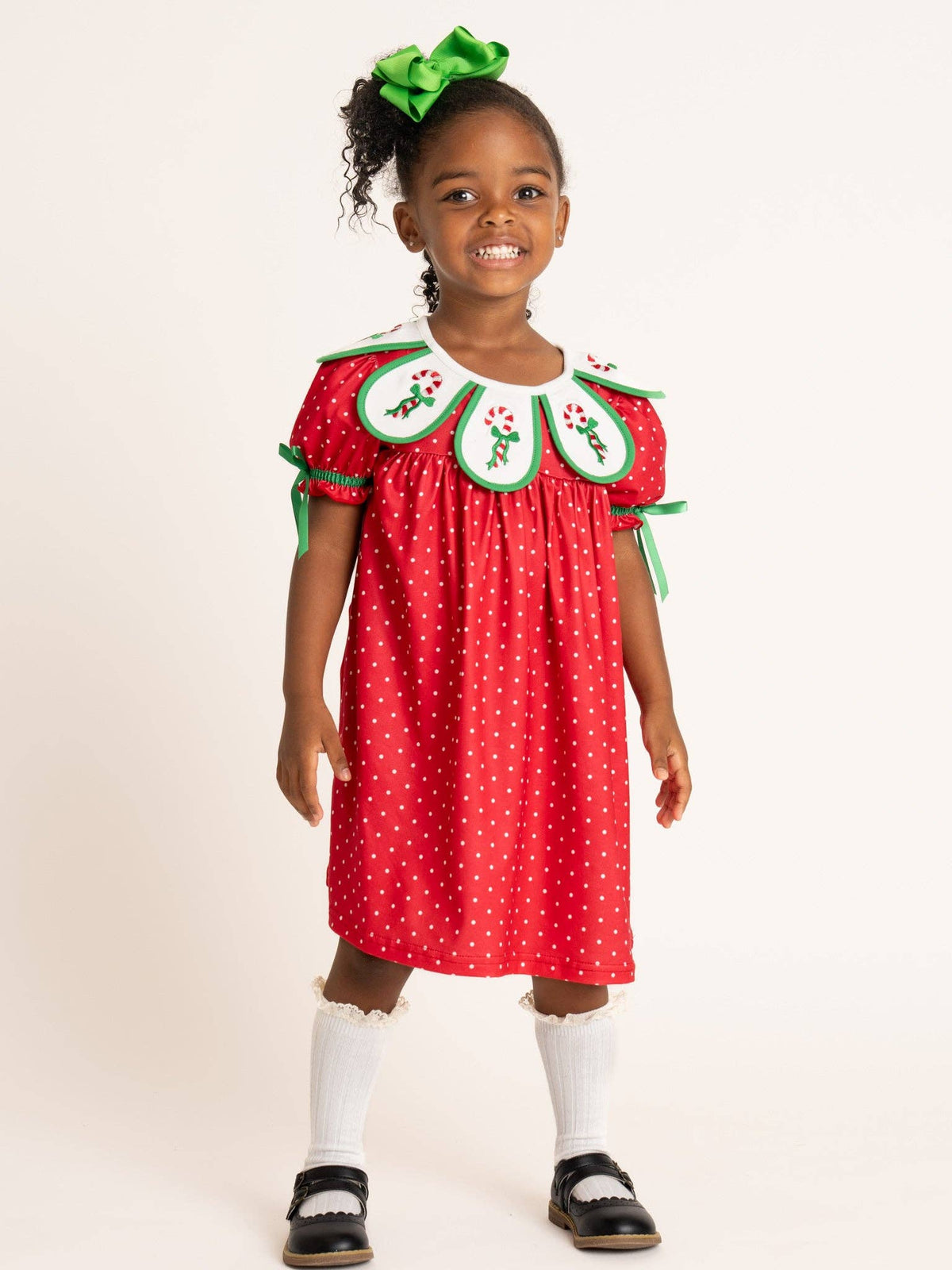 Candy Cane Embroidered Scallop Bow Dress- Red