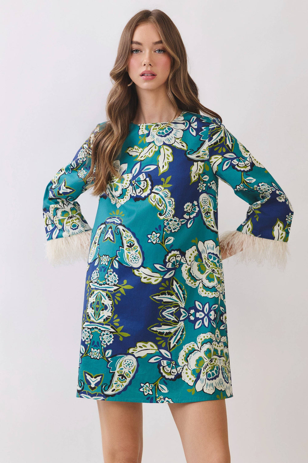 Floral Print Feather Trim Detail Mini Dress- Blue