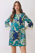 Floral Print Feather Trim Detail Mini Dress- Blue