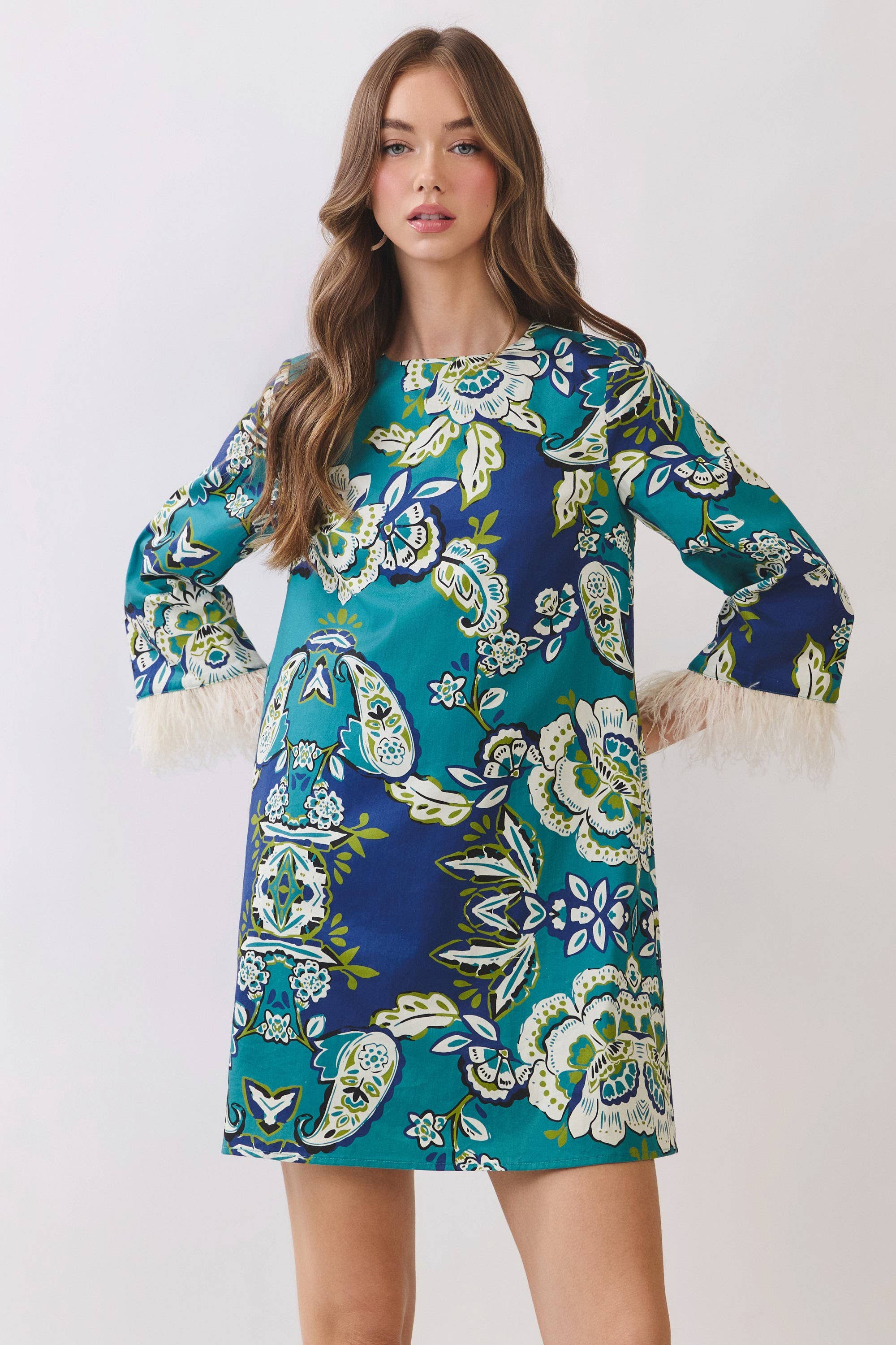 Floral Print Feather Trim Detail Mini Dress- Blue