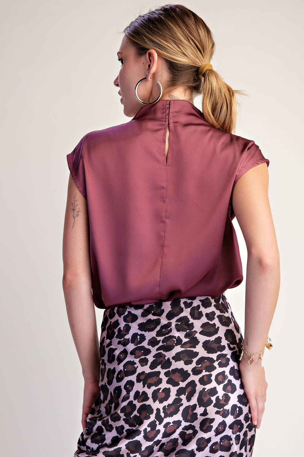 Cowl Neck Sleeveless Satin Top- Rose