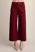 Cropped Scallop Pocket Detail Wide-Leg Pants- Burgundy