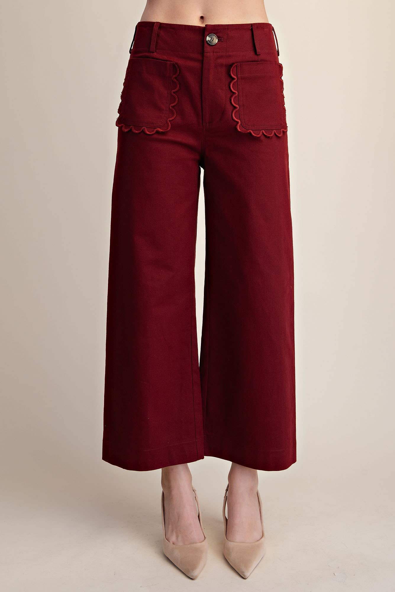 Cropped Scallop Pocket Detail Wide-Leg Pants- Burgundy