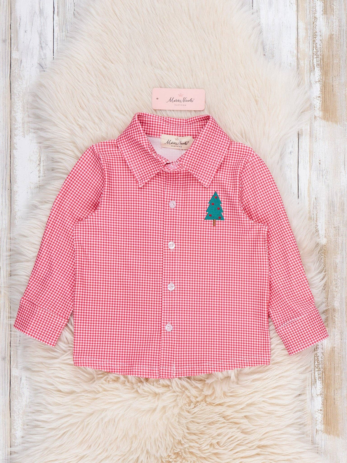 Christmas Tree Embroidered Button-Up Shirt- Red