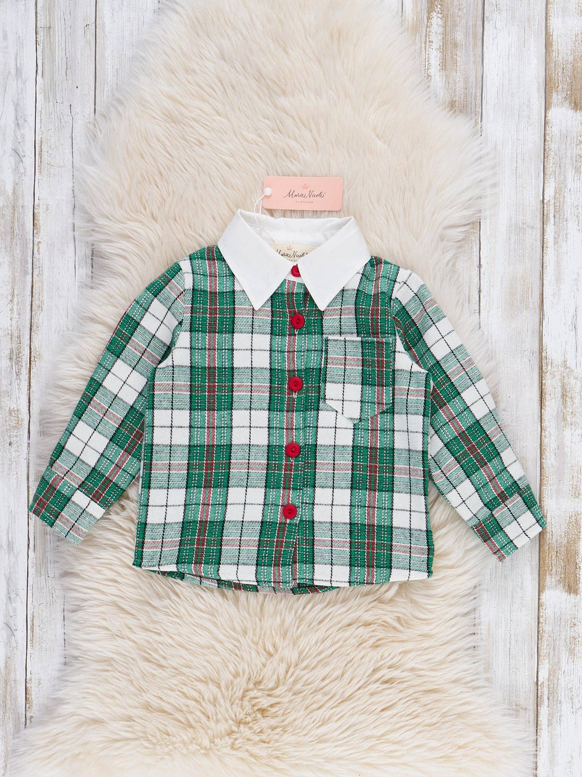Christmas Plaid Button-Up Shirt- Green/White