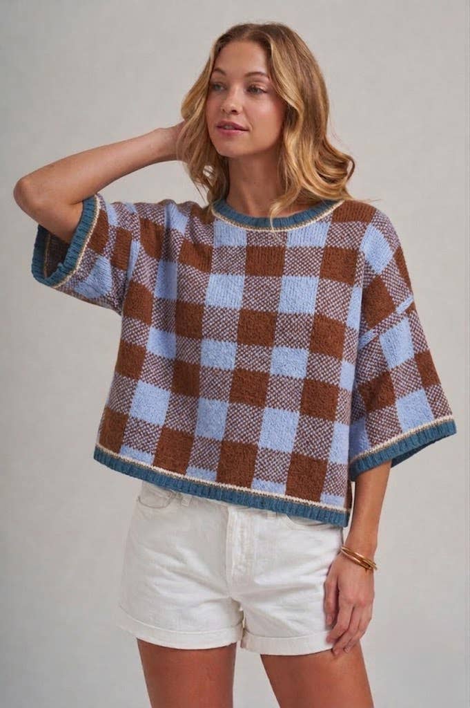 Checkered Gingham Sweater- Blue/Brown
