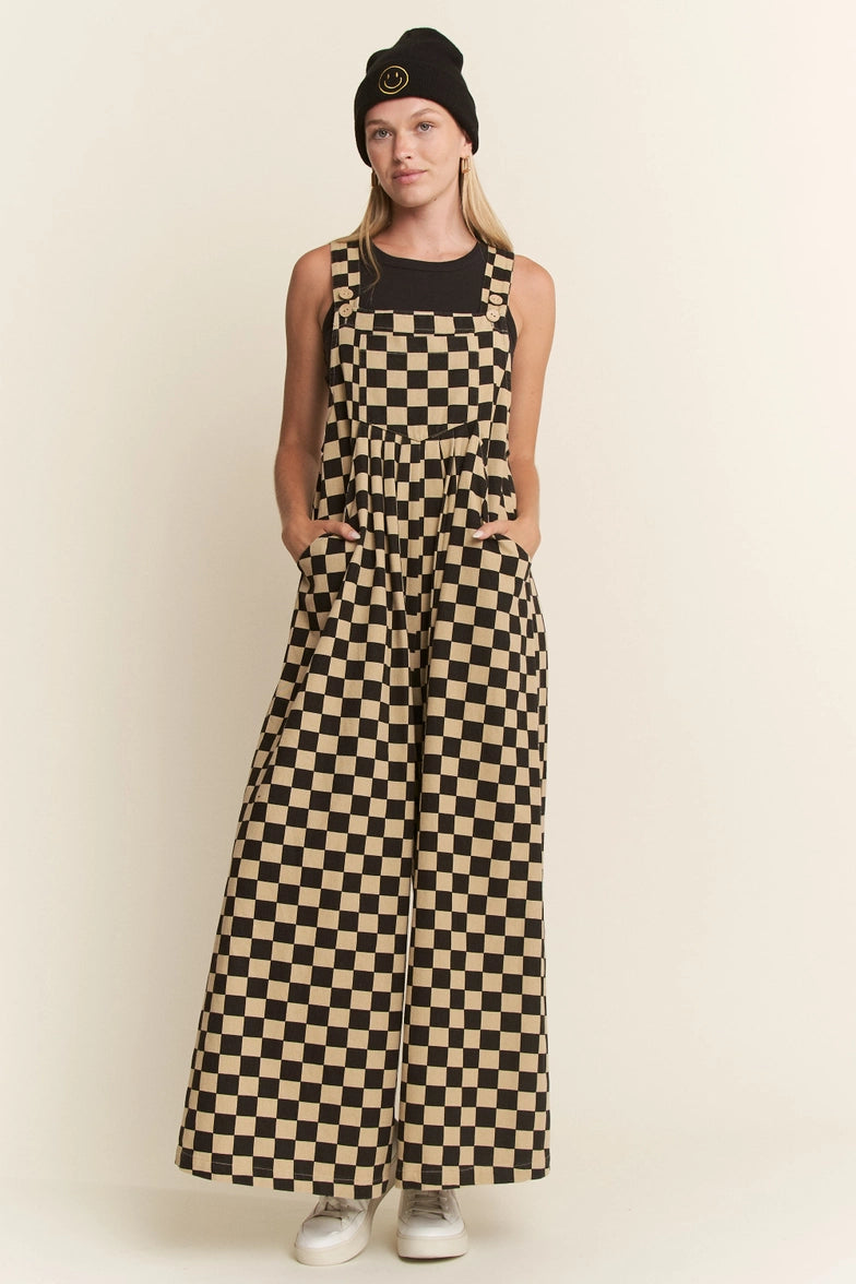 Checkered Wide Leg Overalls- Mocha/Black