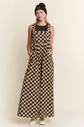 Checkered Wide Leg Overalls- Mocha/Black