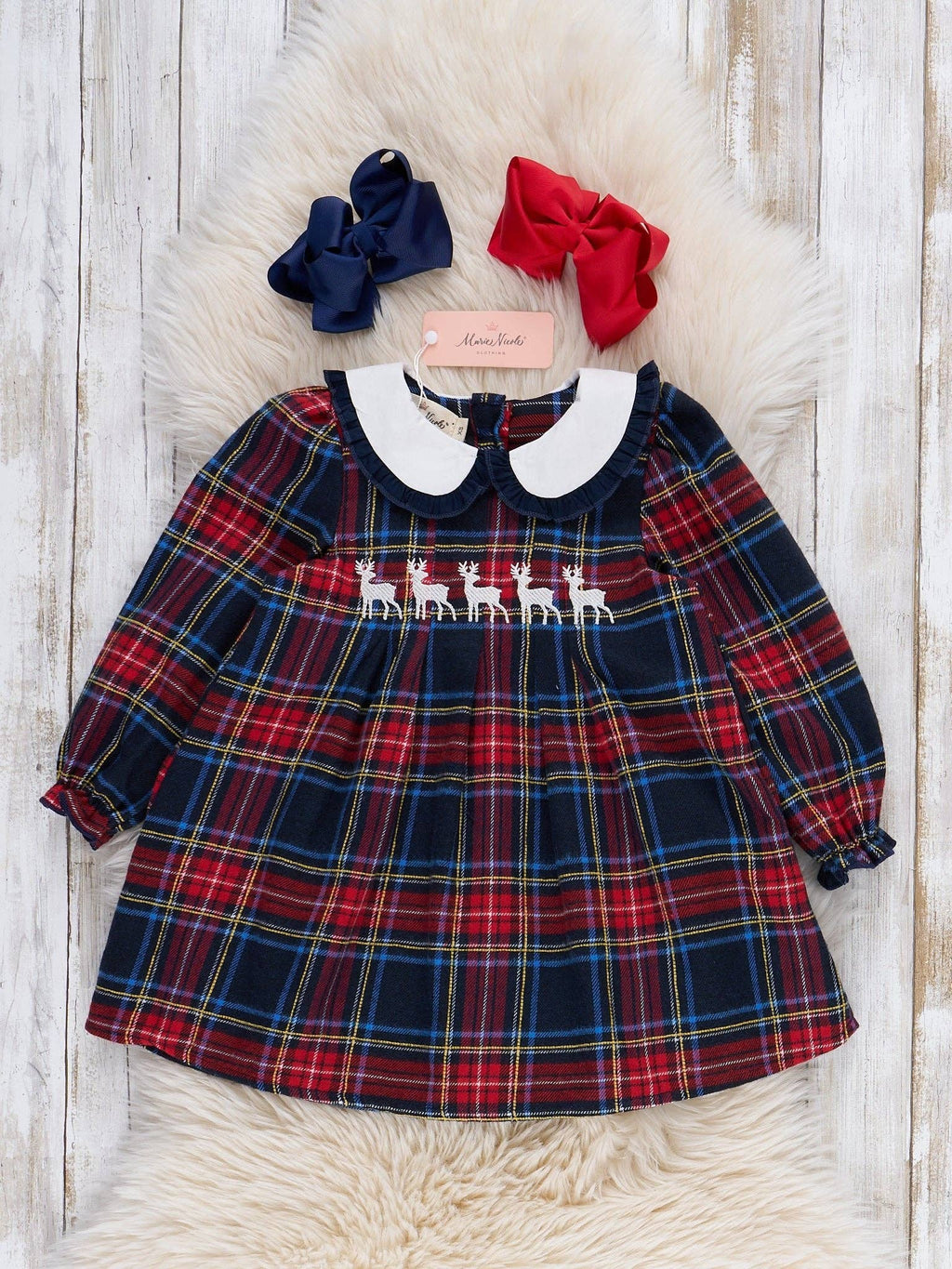 Christmas Reindeer Plaid Dress- Red/Blue