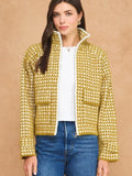 Geometric Fuzzy Knit Zip-Up Collar Jacket- Green