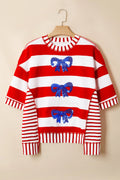 Stripe Sequin Bow Patriotic Half Sleeve Top- Red
