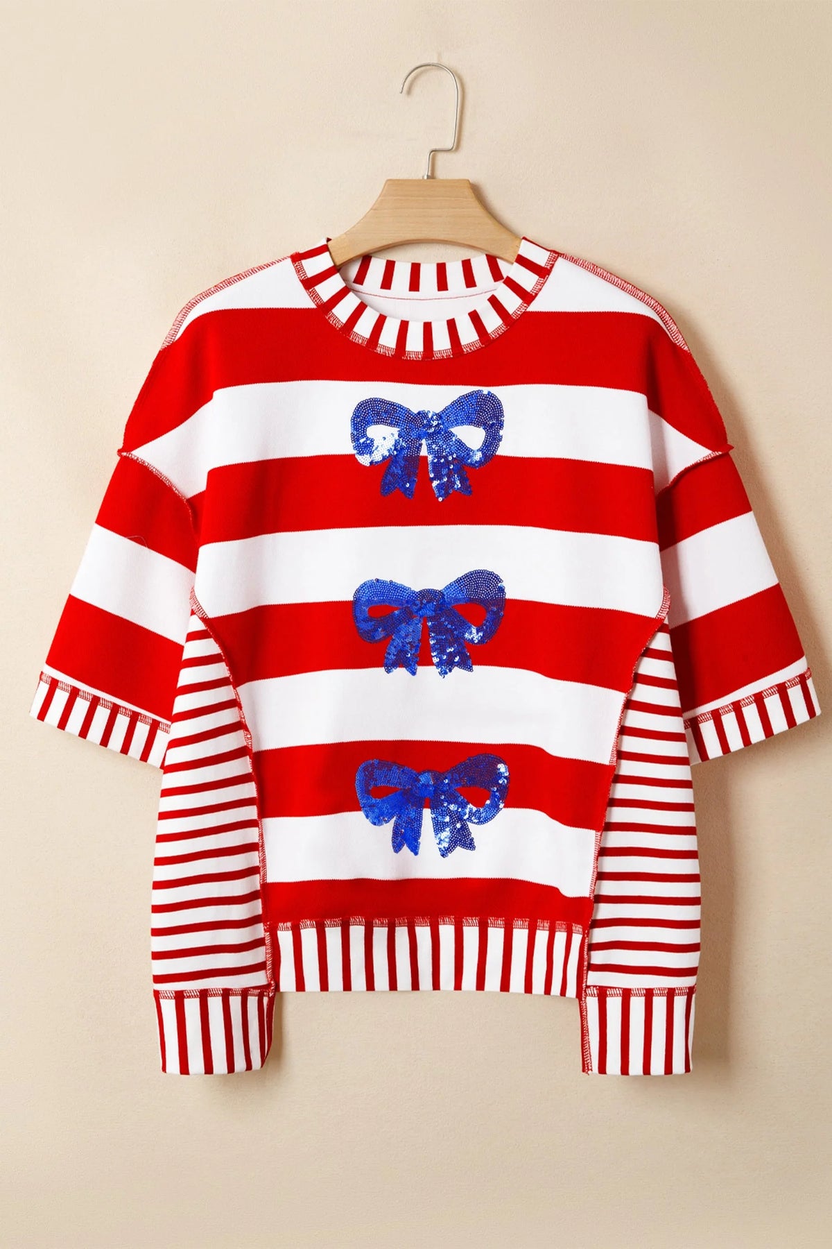 Stripe Sequin Bow Patriotic Half Sleeve Top- Red