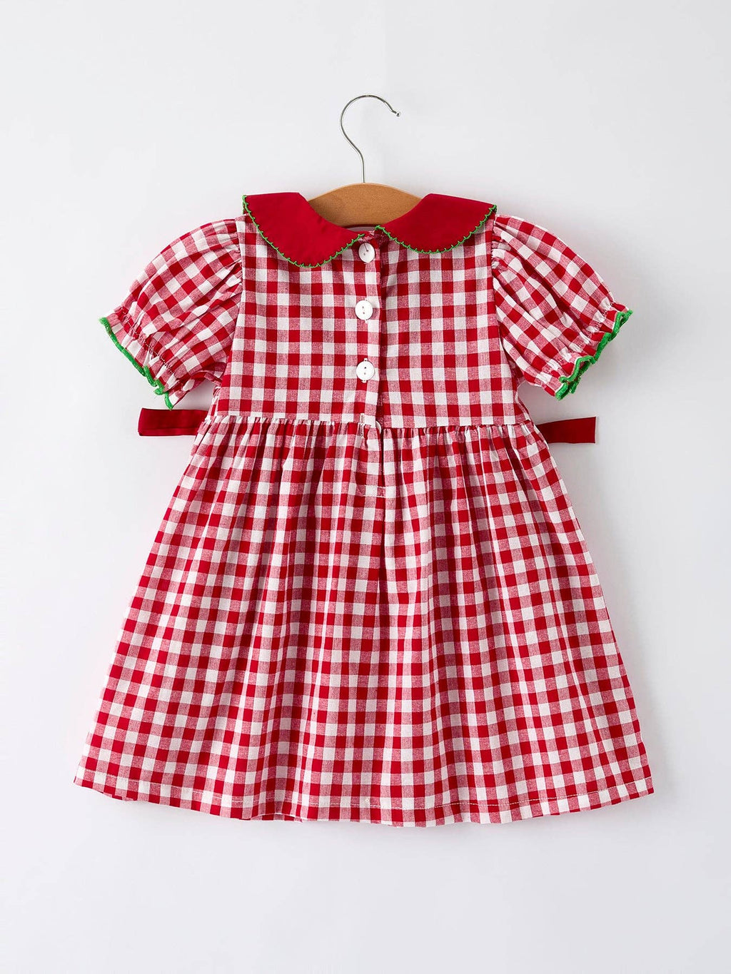 Christmas Plaid Dress with Tree Bow Accents- Red