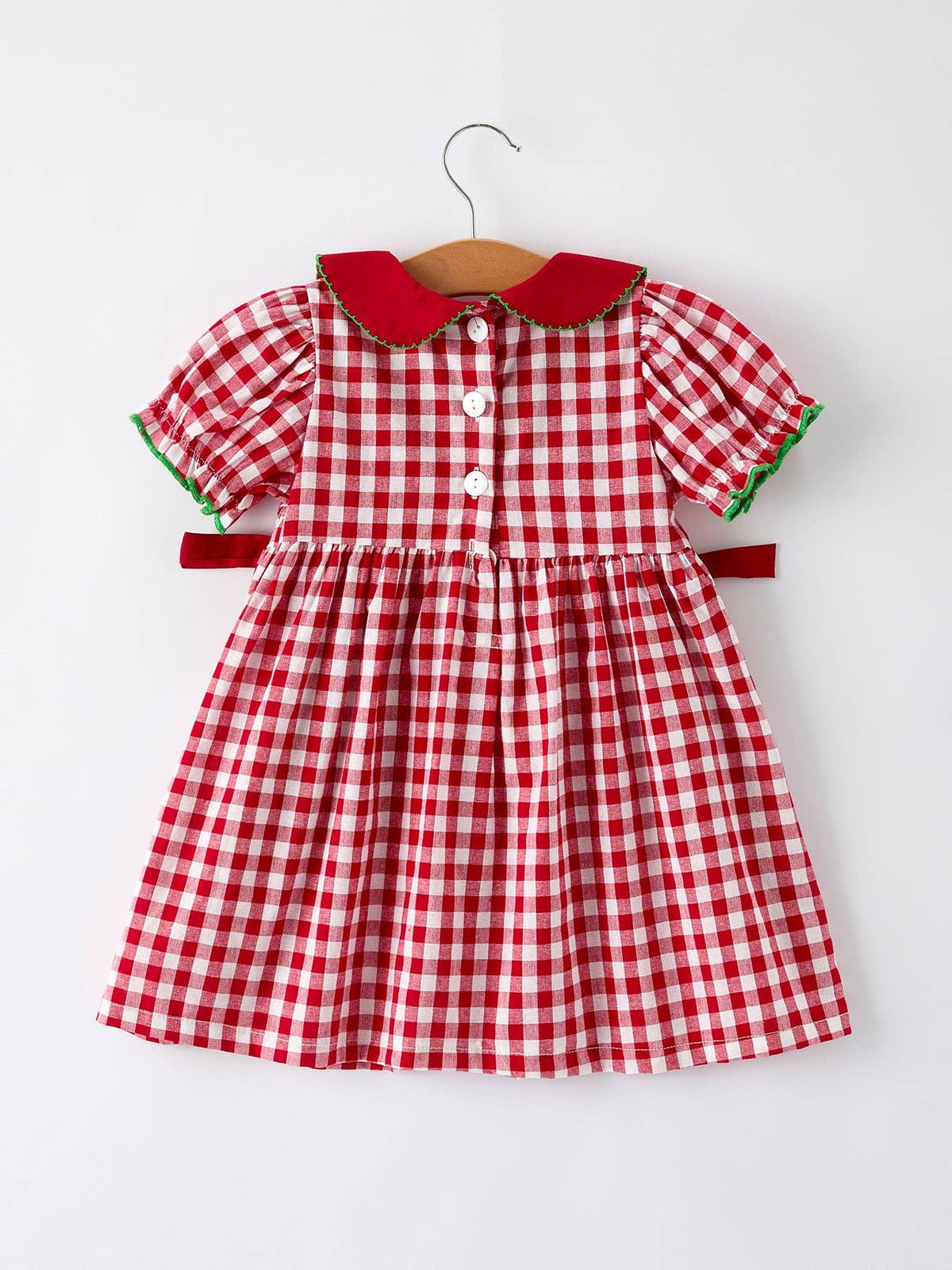 Christmas Plaid Dress with Tree Bow Accents- Red