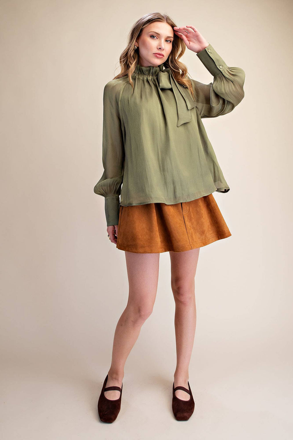 Ruffle Neck Long Sleeve Blouse- Olive