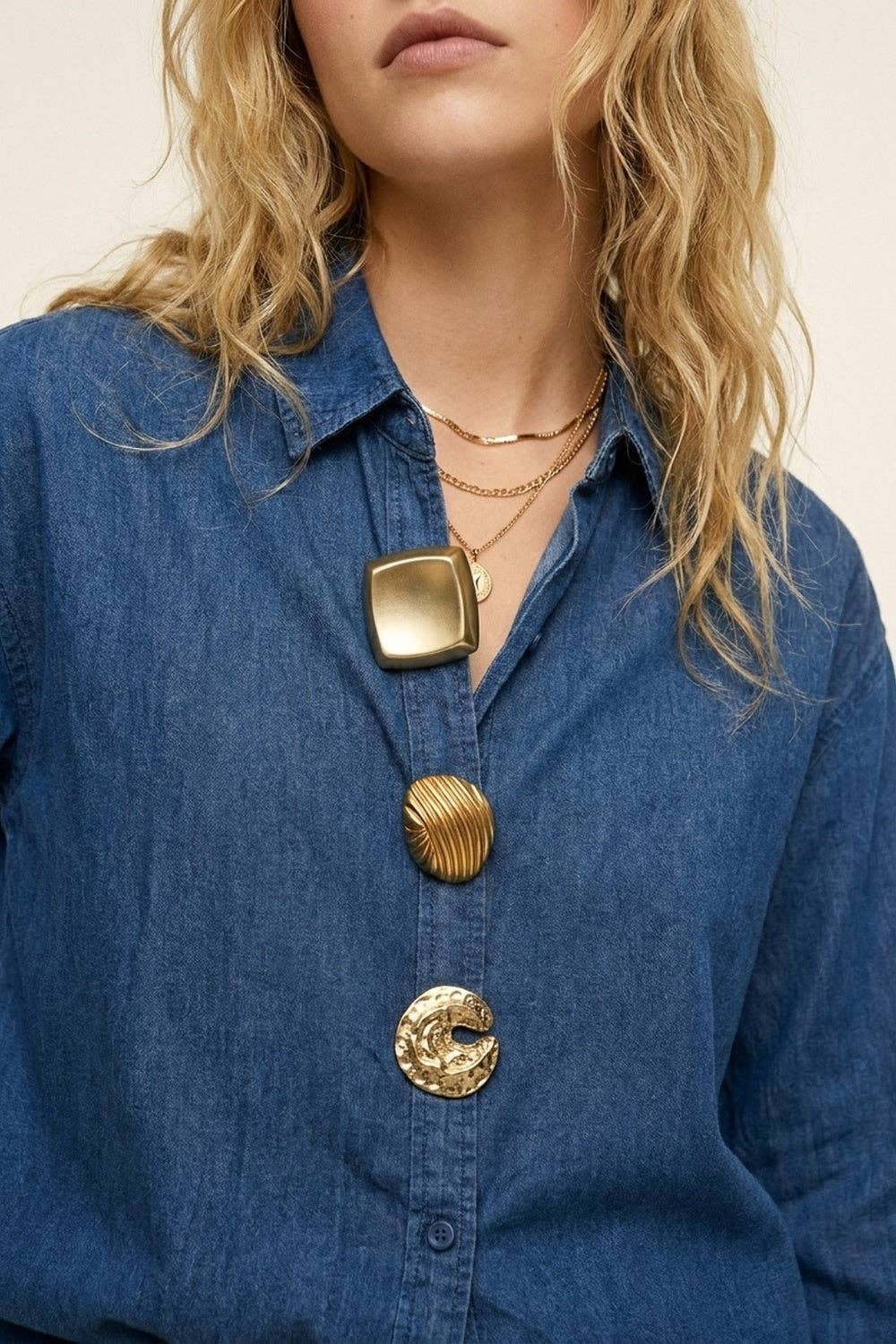 Denim Oversize Shirt with Gold Buttons- Blue