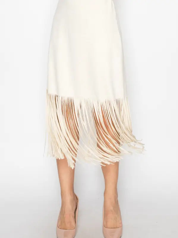 Faux Suede Skirt With Fringe Details- Beige