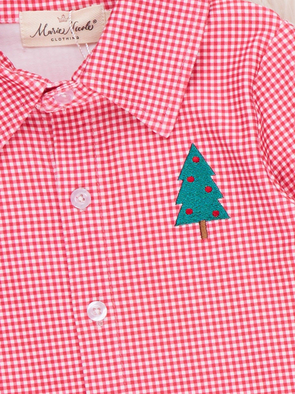Christmas Tree Embroidered Button-Up Shirt- Red