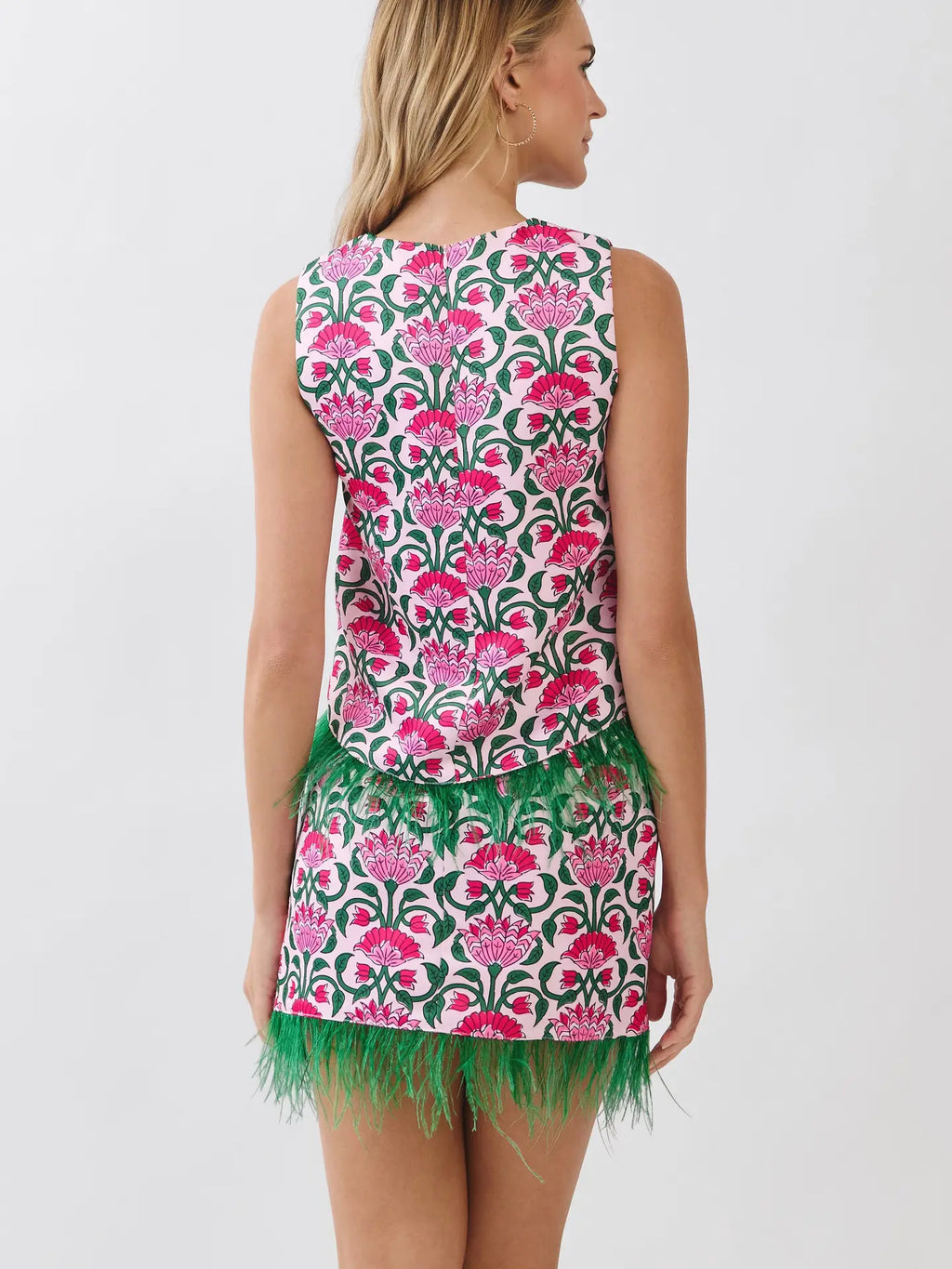 Floral Print Feather Trim Sleeveless Top- Pink
