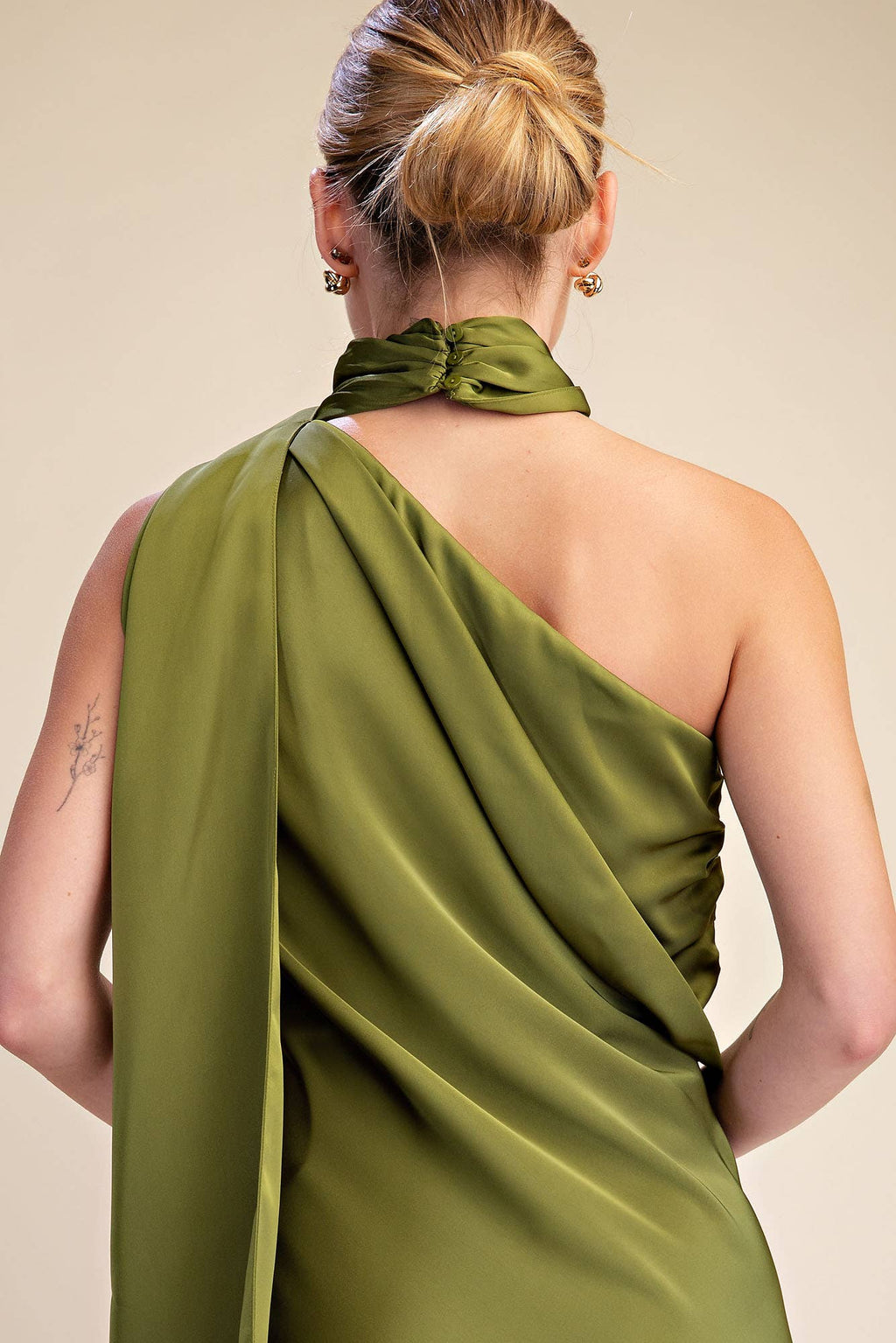 Mock Neck One Shoulder Sleeveless Satin Maxi Dress