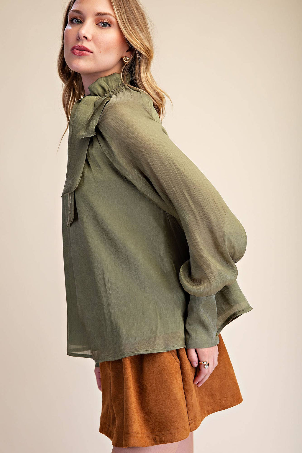 Ruffle Neck Long Sleeve Blouse- Olive