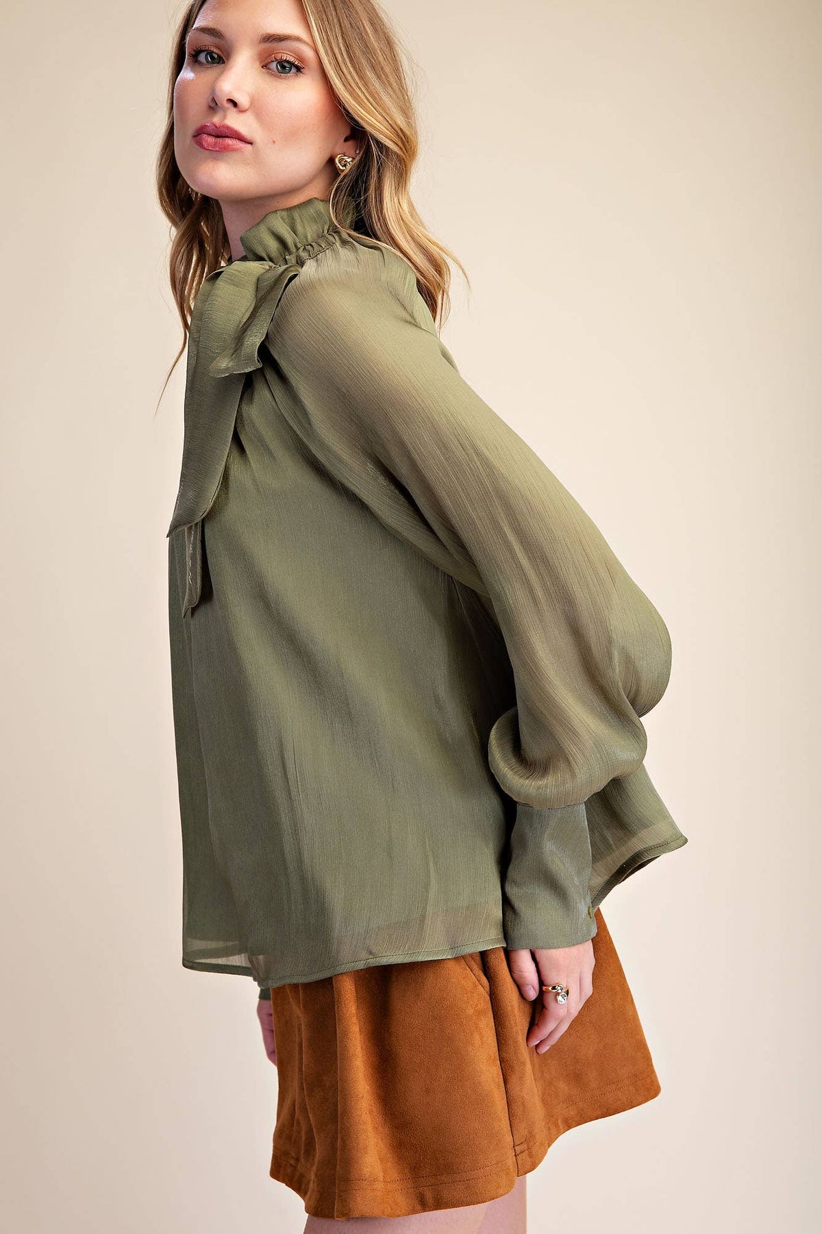 Ruffle Neck Long Sleeve Blouse- Olive