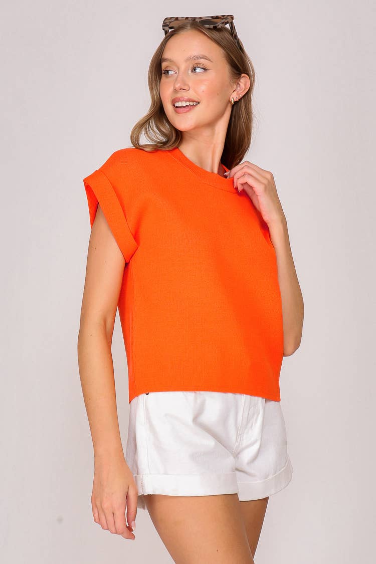 Sweater Top With Rolled Up Sleeves- Orange