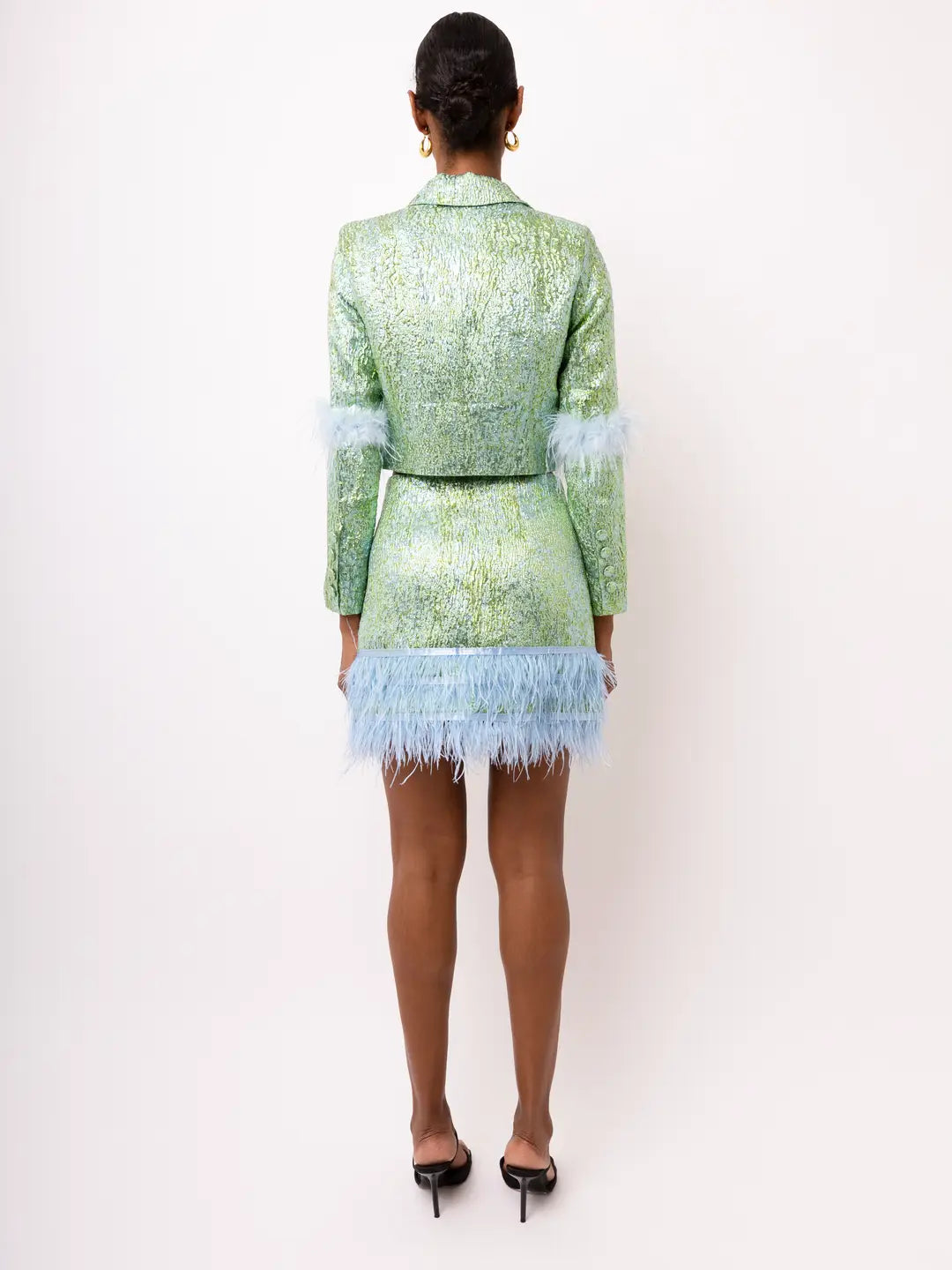 Feather Trim Mini Skirt- Green/Blue