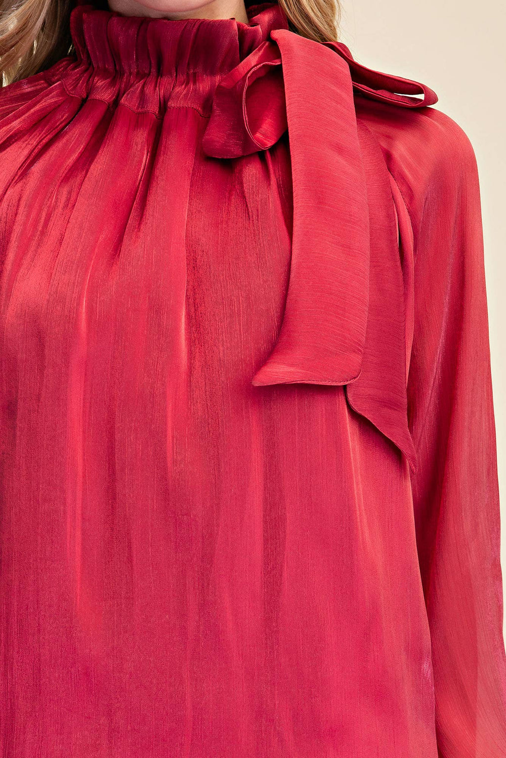Ruffle Neck Adjustable Tie Long Sleeve Blouse- Burgundy