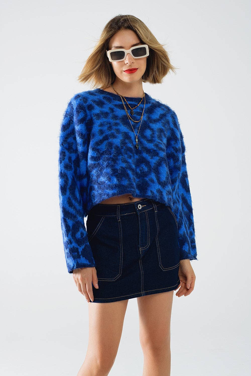 Leopard Print Wool Sweater- Blue