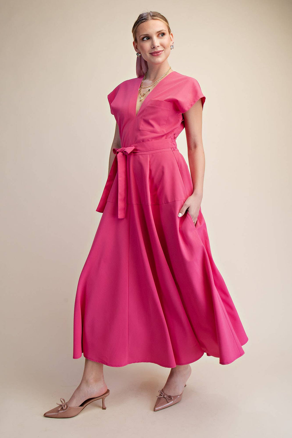 V-Neck Drop Shoulder Midi Dress- Pink