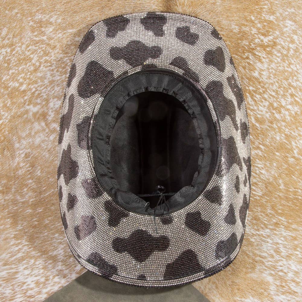 Pave Rhinestone Studded Cow Pattern Cowboy Hat- Black