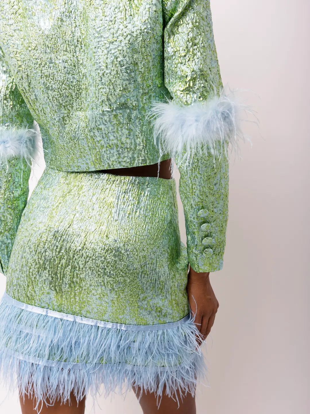 Feather Trim Mini Skirt- Green/Blue