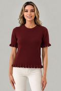 Short Sleeve Ruffle Knit Top- Burgundy