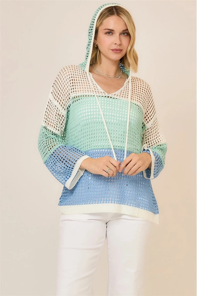 Plus Size Open Knit Color Block Hood Sweater