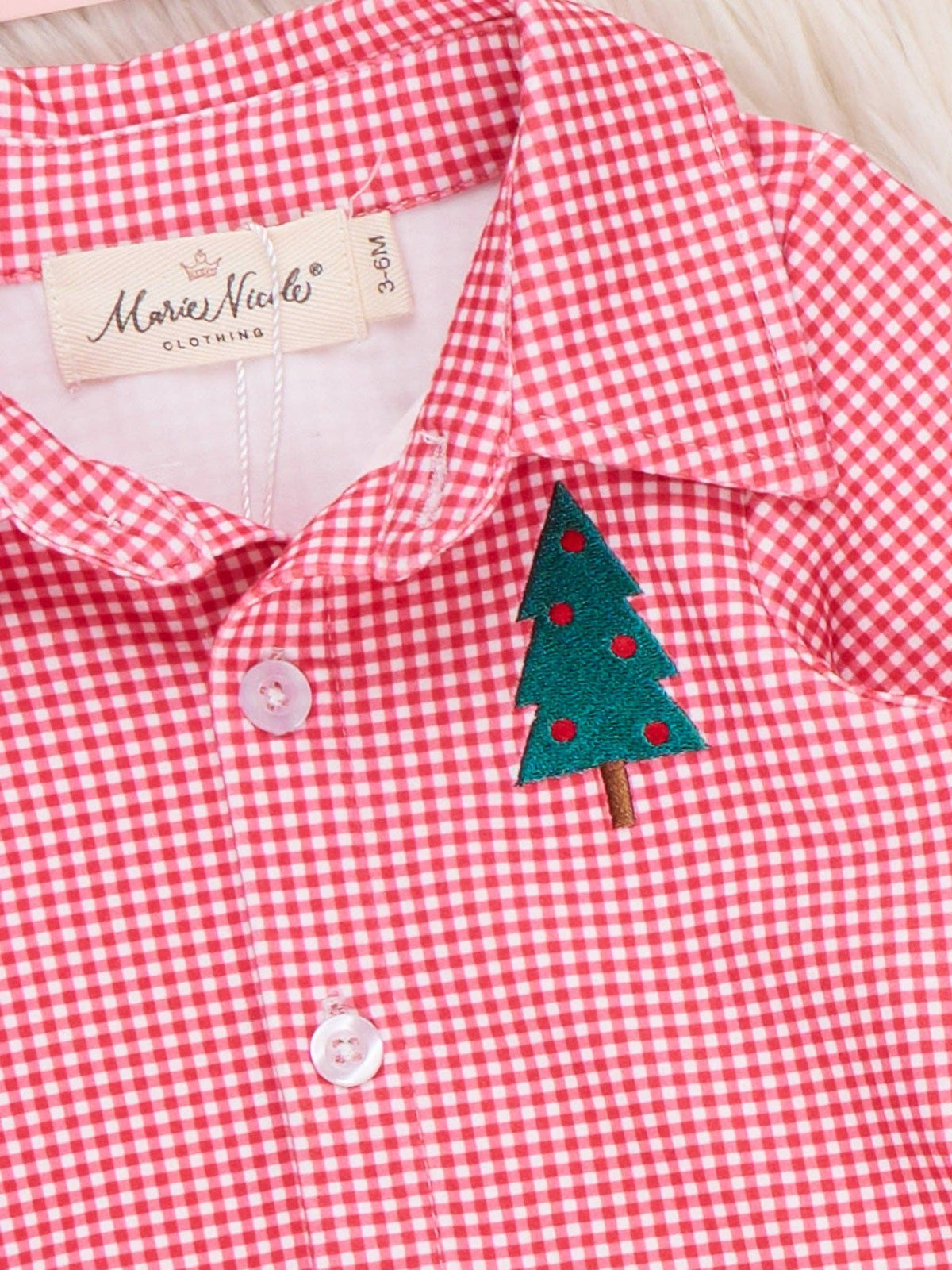 Christmas Tree Embroidered Bubble Romper- Red