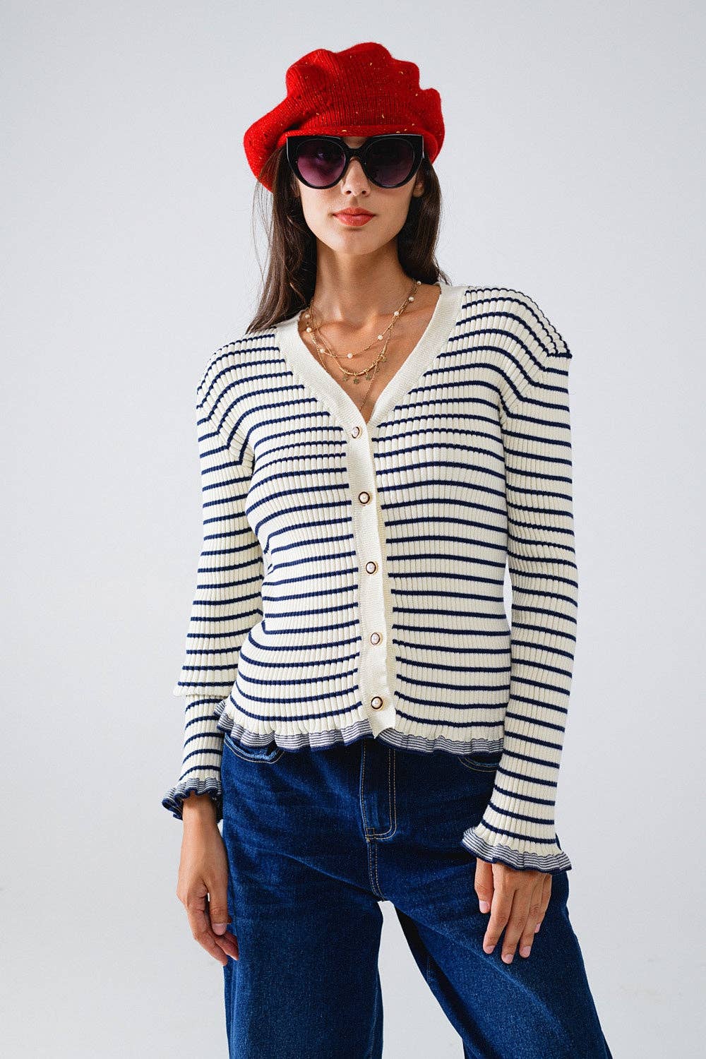 Striped Cardigan with Ruffle Trim- Cream/Blue