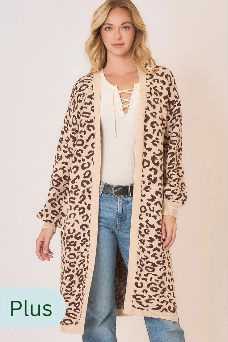 Plus Size Leopard Print Knit Open Cardigan