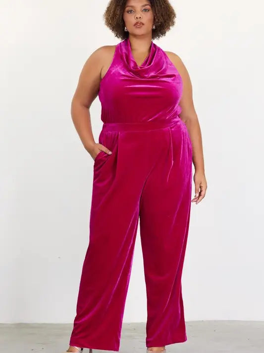 Plus Size Velvet Cowl Neck Jumpsuit