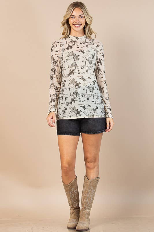 Wild West Print Semi Sheer Long Sleeve Mock Neck Mesh Top