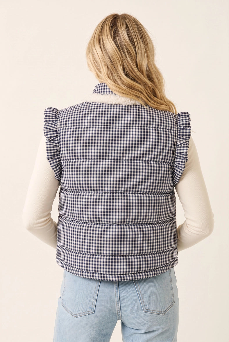 Plus Size Gingham Quilted Puffer Vest- Blue/White