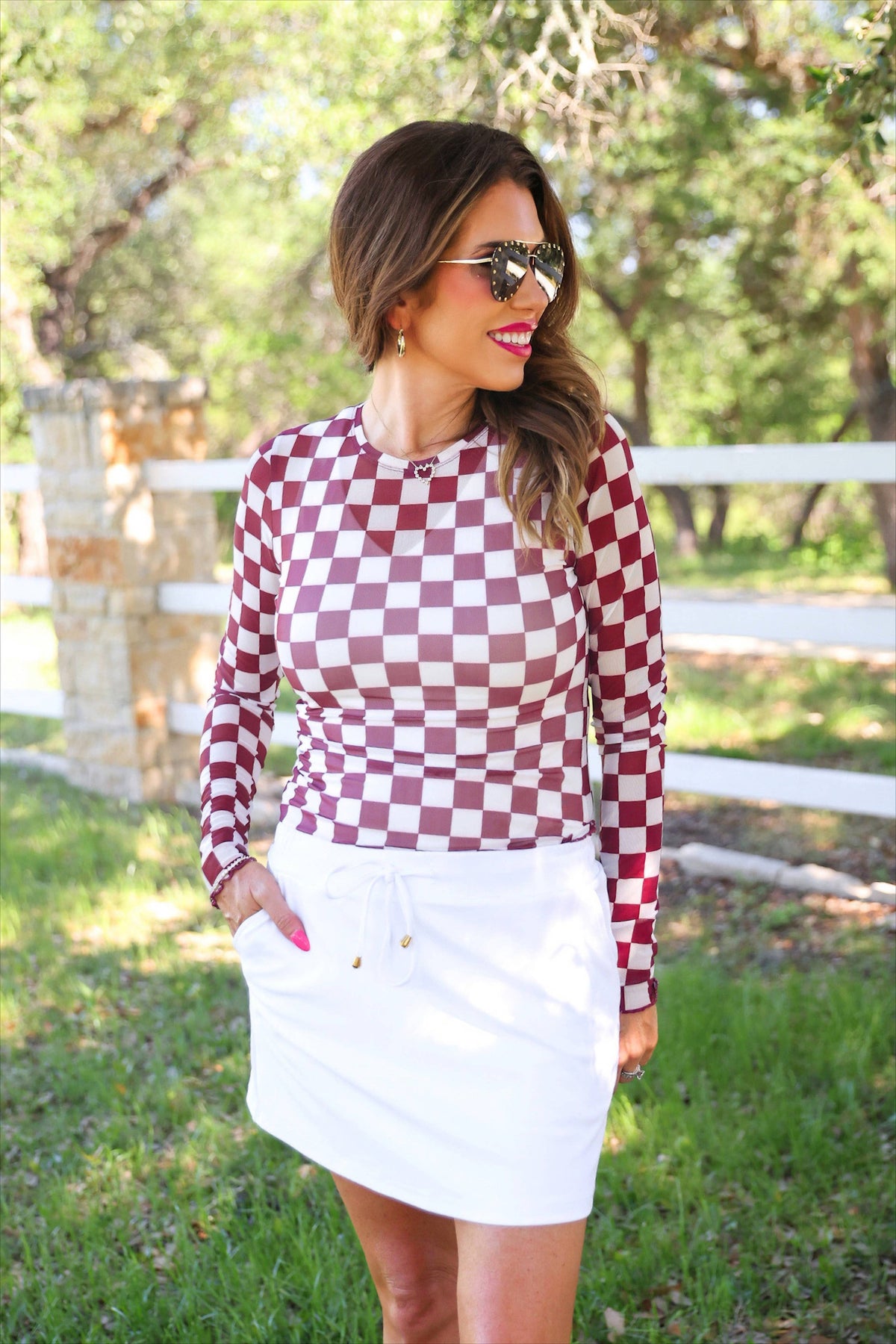 Checkered Mesh Top- Maroon