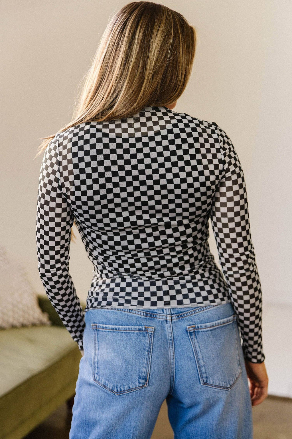 Plaid Long Sleeve Mesh Top- Black/White