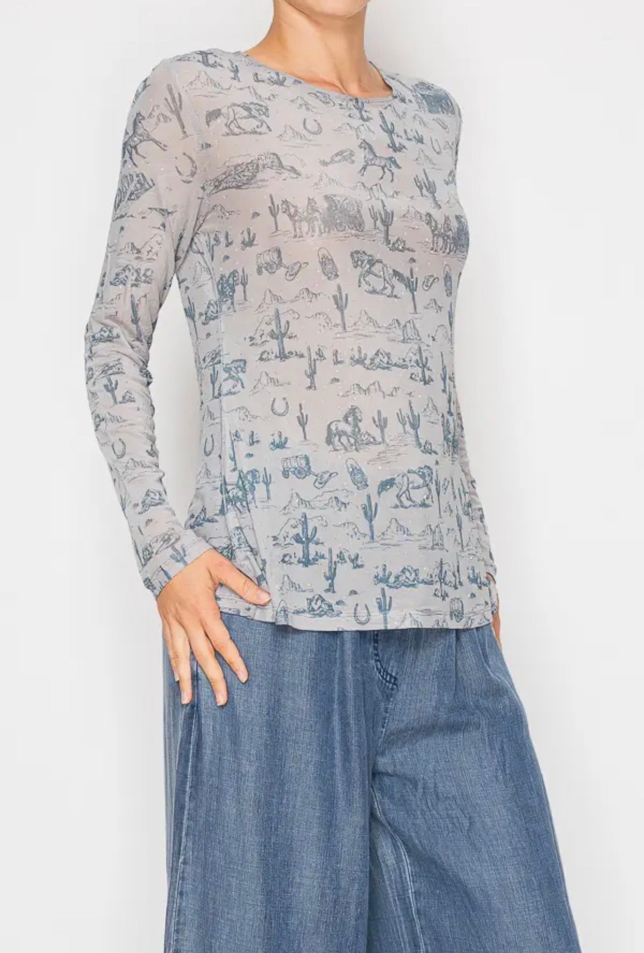 Long Sleeved Mesh Top With Sparkly Details - Blue Old West