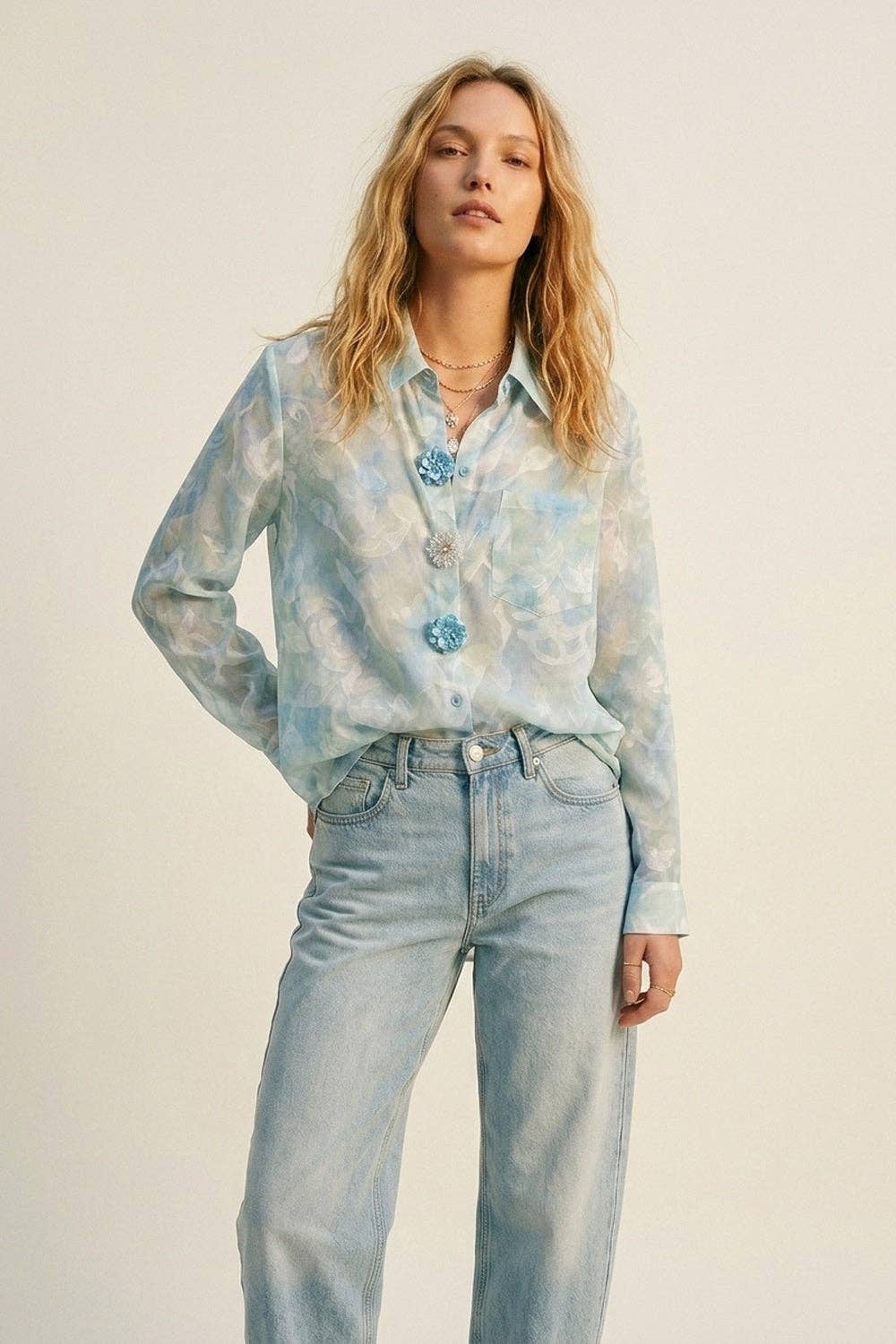 Lightweight Floral Print Button-Up Shirt- Blue